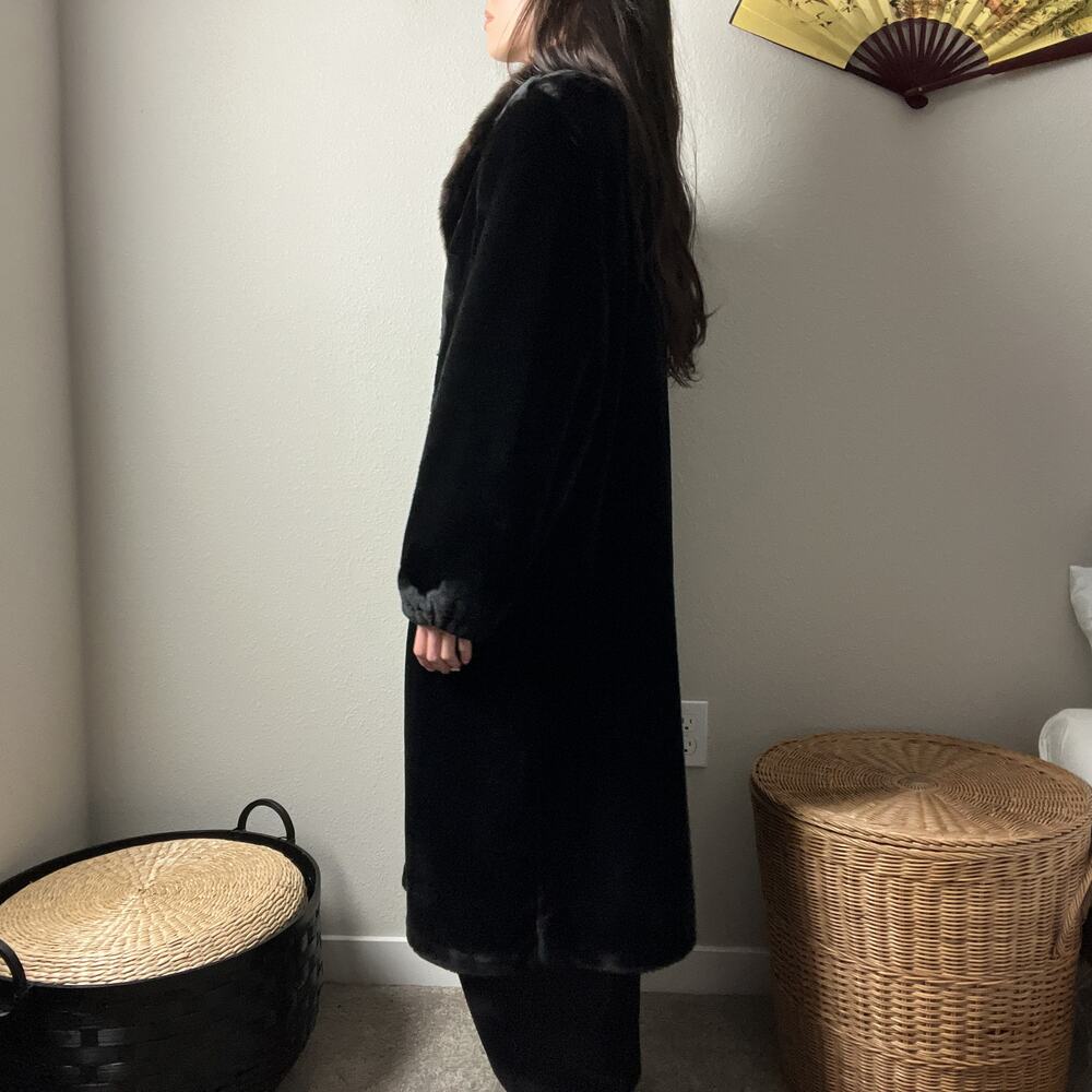 80s vintage black brown minimalist classic faux fur long winter coat - Picture 5 of 8
